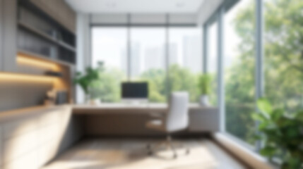 Modern home office setup with large windows and a blurred background during a video call