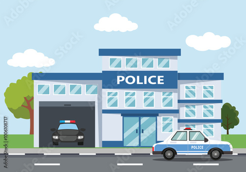 Police station building with police car