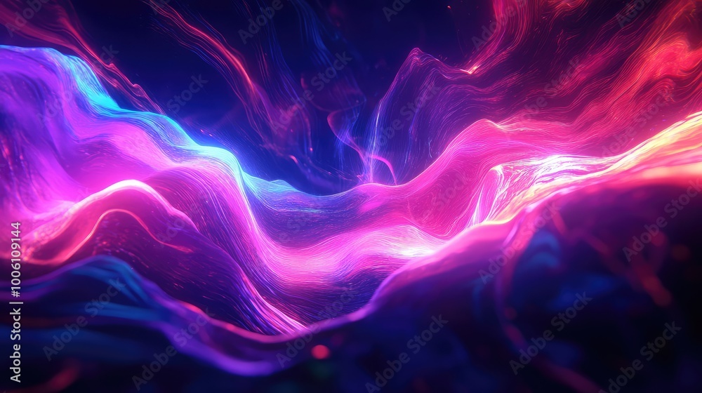 Fototapeta premium A wave of glowing, neon shapes in pink, purple, and blue, flowing across a dark background, creating a futuristic abstract design.