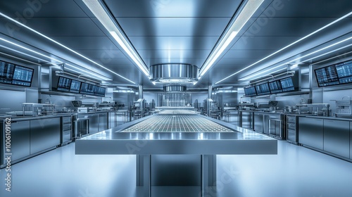 Futuristic medical lab with stainless steel equipment and LED screens, hyper-realistic