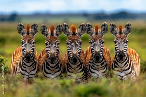 A perfectly aligned group of five zebras with distinct stripes, captured against a vibrant and lush grassy background, conveying unity and the beauty of wildlife.