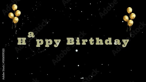 gold colored text brithday greeting video with gold balloon elements and black background fireworks