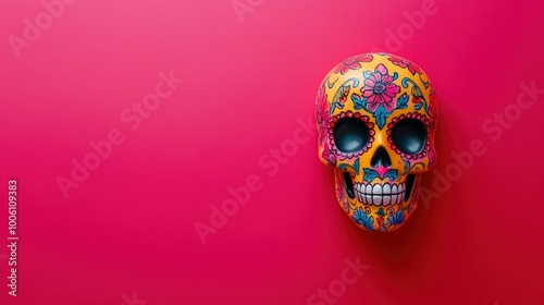 Traditional Calavera (Sugar Skull) for Dia de Los Muertos (Day of the dead), pink backdrop, copy space. Generative AI