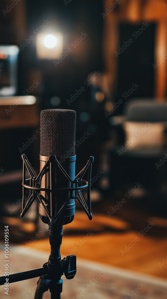 Professional Microphone With Background Banner, Ideal For Podcast Or Recording Studio Environment. Professional Microphone With Background Banner, Ideal For Podcast Or Recording Studio Environment.