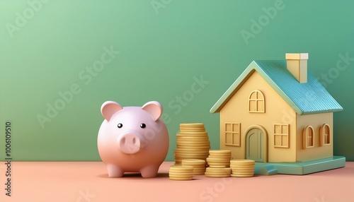 Colorful piggy bank with coins and miniature house, symbolizing savings and home investment for financial growth and security.