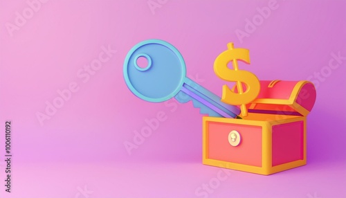 A colorful key and dollar symbol emerging from a treasure chest, representing finance and access to wealth on a vibrant background.