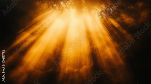 Sunbeams shining through a dark background, creating a bright, glowing effect. This is like a special lens effect, making the light look abstract and beautiful.