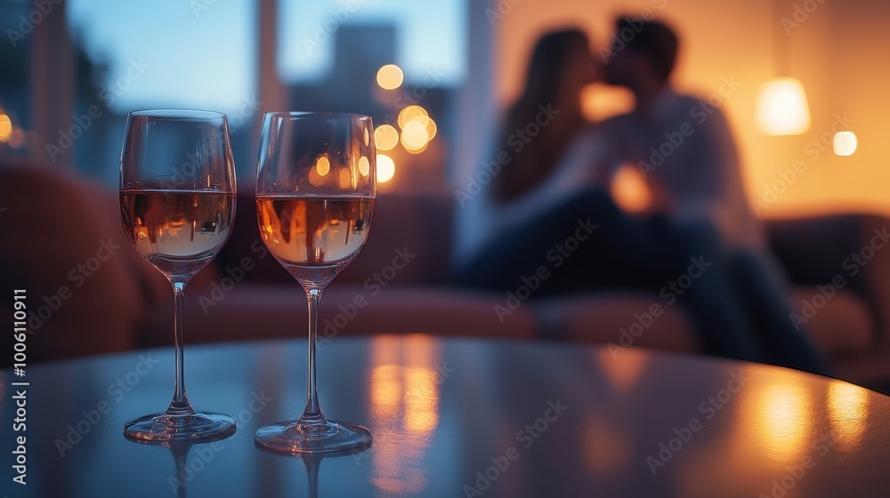 dating party scene with a table with glass of wine and two glasses of wine , there are two blurred figures of loving couple kissing sitting on sofa, soft focus, minimalist interior design dating party scene with a table with glass of wine and two glasses of wine , there are two blurred figures of loving couple kissing sitting on sofa, soft focus, minimalist interior design