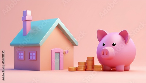 Colorful piggy bank next to a house and coins, symbolizing saving and investing for home ownership. photo