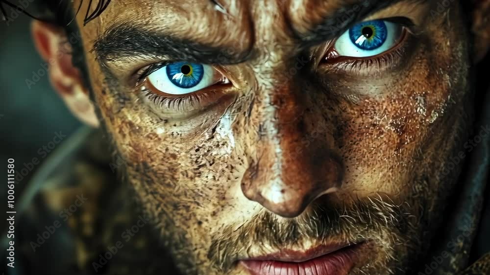 A close-up portrait of a man with blue eyes, his face covered in dirt and grime, looking intensely at the camera A close-up portrait of a man with blue eyes, his face covered in dirt and grime, looking intensely at the camera