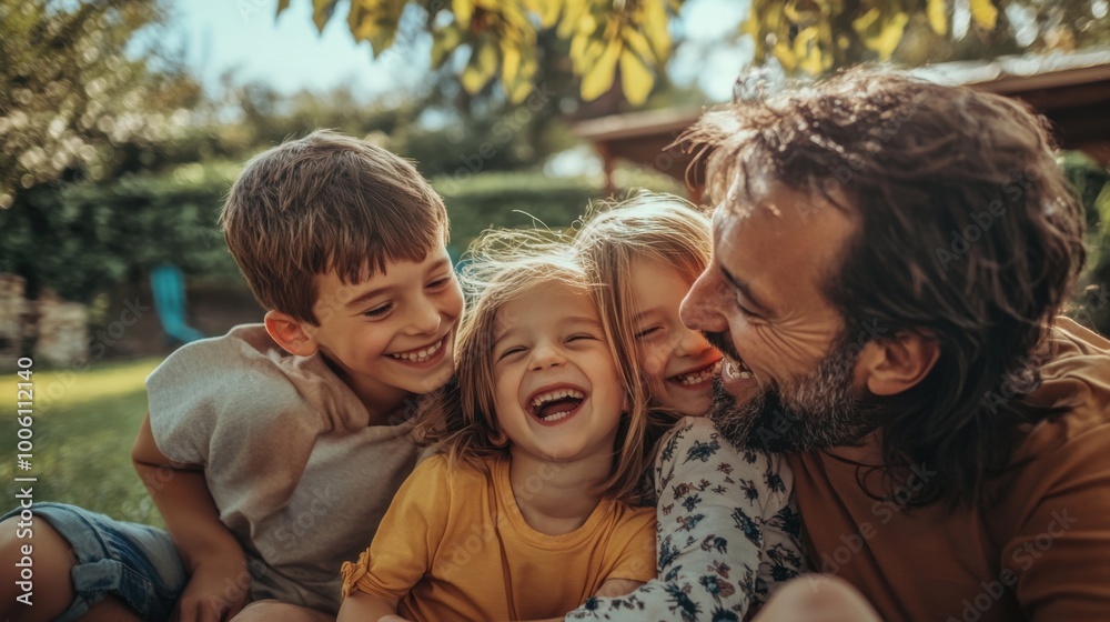 A happy family of four playing in the backyard sunny day candid moments children laughing parents smiling natural and joyful atmosphere A happy family of four playing in the backyard sunny day candid moments children laughing parents smiling natural and joyful atmosphere