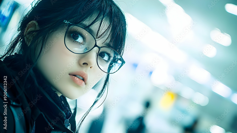 Girl in Glasses Looking Away with Blurred Lights in the Background Girl in Glasses Looking Away with Blurred Lights in the Background