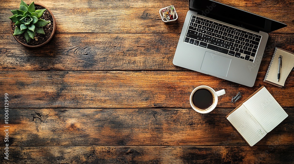 An overhead flat lay shot of a modern workspace setup on a rustic wooden desk. An overhead flat lay shot of a modern workspace setup on a rustic wooden desk.