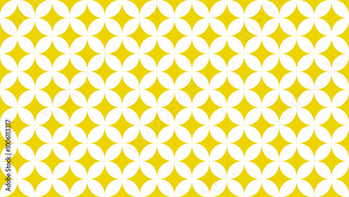 A seamless pattern featuring white circles overlapping to create diamond shapes on a vibrant yellow background.