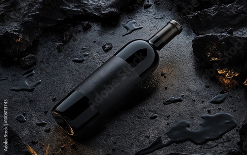 A sleek black wine bottle rests on a dark, textured surface with liquid spills, suggesting elegance and sophistication.