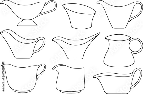 Set of different gravy sauce boats isolated on white background
