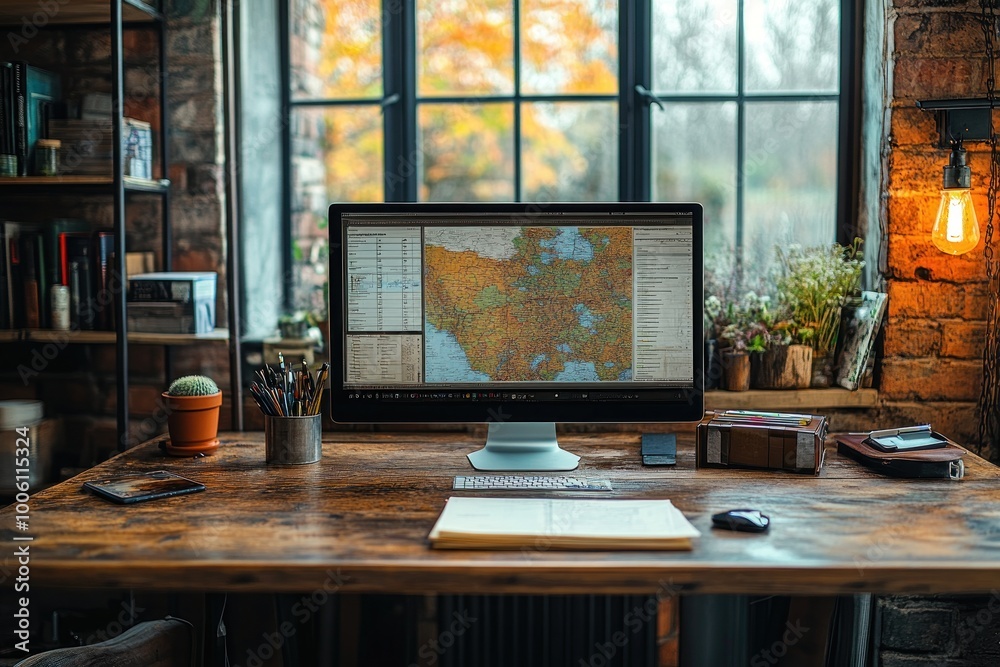 Home Office Workspace with Map Displayed on a Computer Home Office Workspace with Map Displayed on a Computer