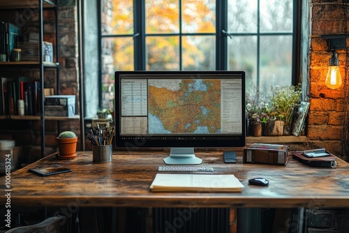 Home Office Workspace with Map Displayed on a Computer