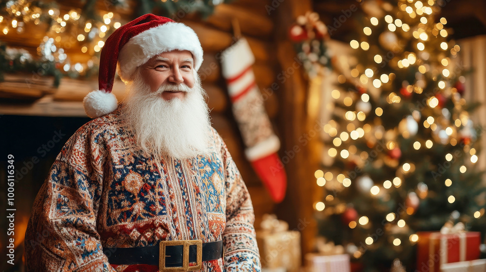 Santa Claus in a traditional Ukrainian shirt by the festive fireplace celebrating Christmas 2025 Santa Claus in a traditional Ukrainian shirt by the festive fireplace celebrating Christmas 2025