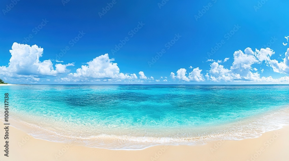 Calm Blue Ocean with White Clouds and Sandy Beach Calm Blue Ocean with White Clouds and Sandy Beach