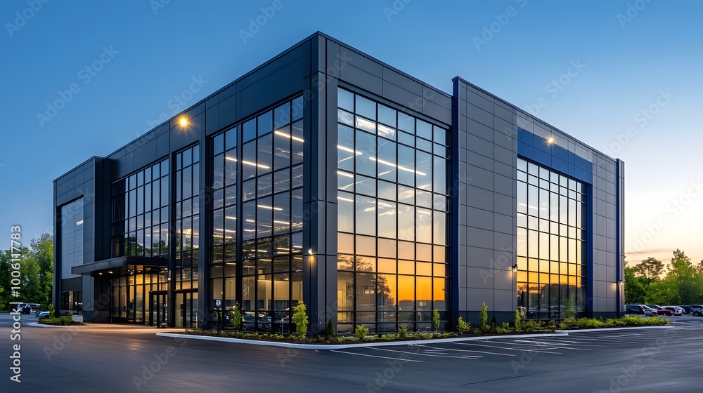 Obraz premium Photo of an industrial building with black steel and blue accents, modern design