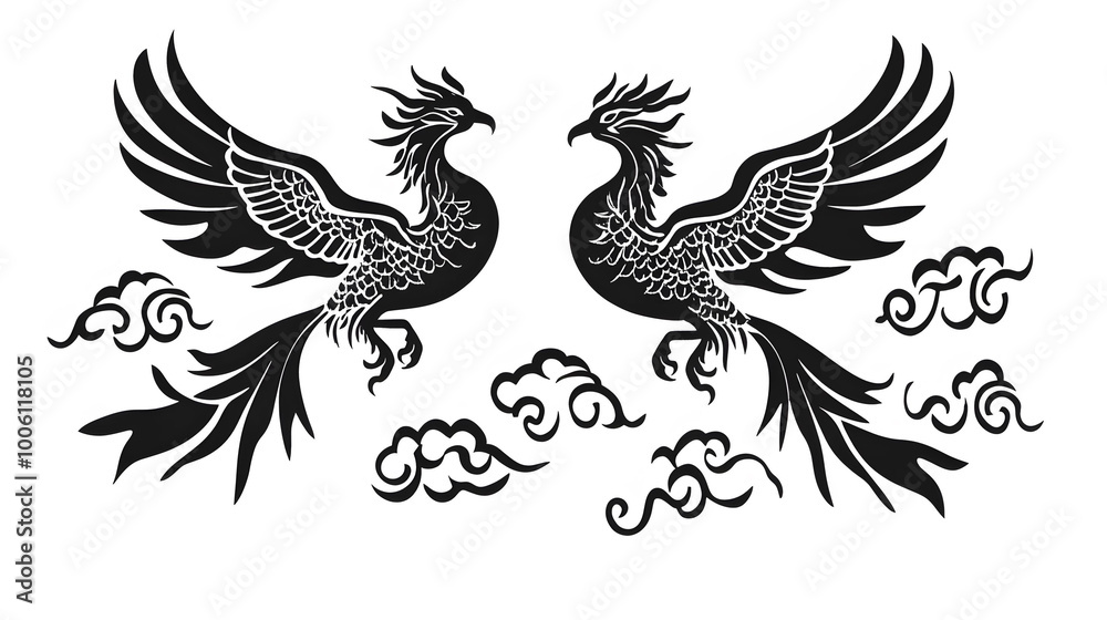 Fototapeta premium Majestic Phoenixes in Flight, two elegant phoenixes soaring with wings spread wide, set against auspicious cloud patterns, symbolizing prosperity.