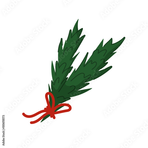 Festive evergreen branch tied with a red ribbon in flat style. Design for Christmas decoration, holiday card. Isolated on a white background.