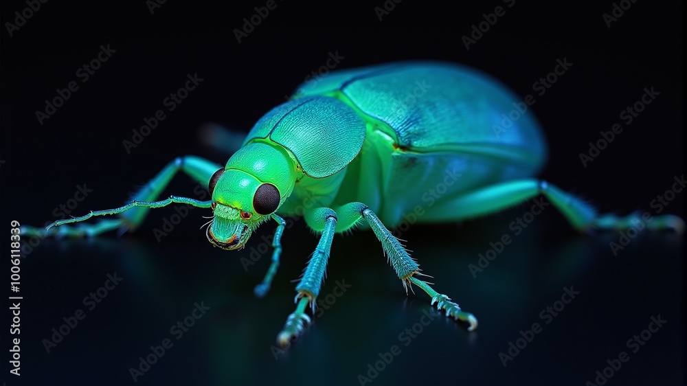Naklejka premium a green beetle with a green muzzle in closeup on a black background