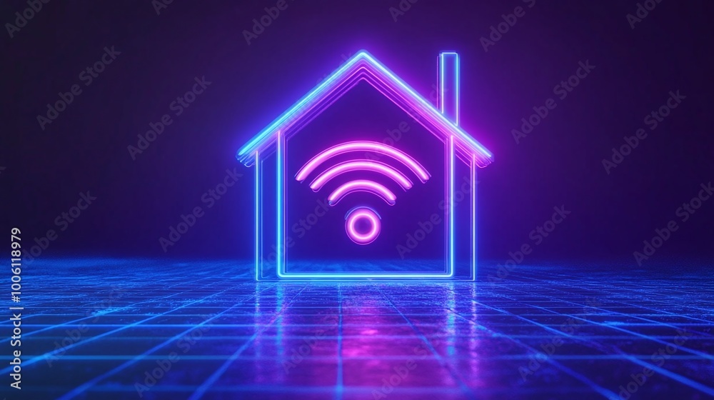 A vibrant neon house icon with Wi-Fi signal, set against a dark, glowing background. A vibrant neon house icon with Wi-Fi signal, set against a dark, glowing background.