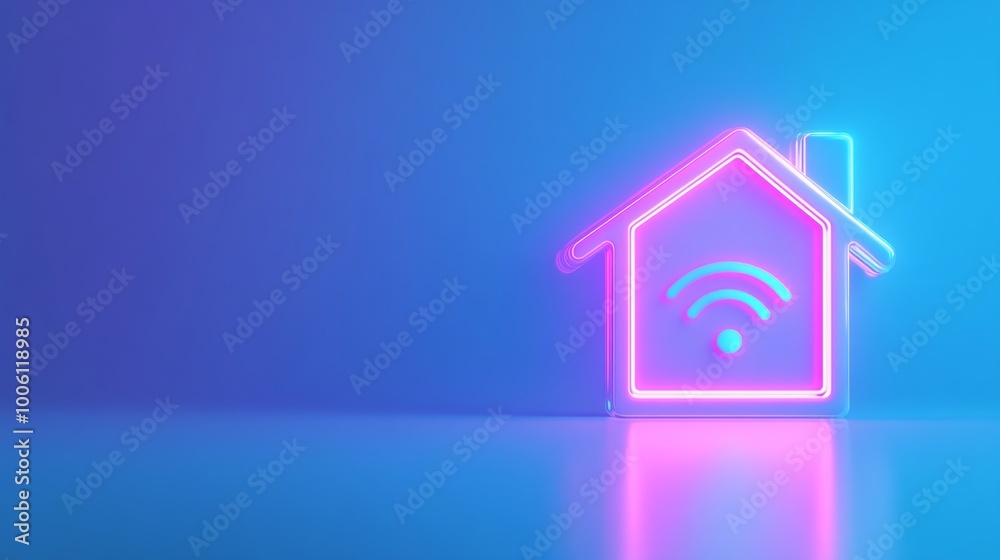 A vibrant neon house symbol showcasing Wi-Fi connectivity on a blue gradient background.