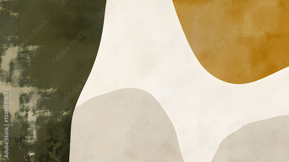 Elegant Abstract Shapes in Olive Green and Beige, Sophisticated Wall Art Composition for Modern Decor