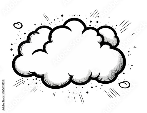 Vector comic-style cloud with dotted shading and motion lines, isolated on a white background, perfect for comic and cartoon designs. Generative AI.