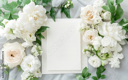 A flat lay of white and soft pink flowers surrounding a blank card, ideal for invitations or announcements.