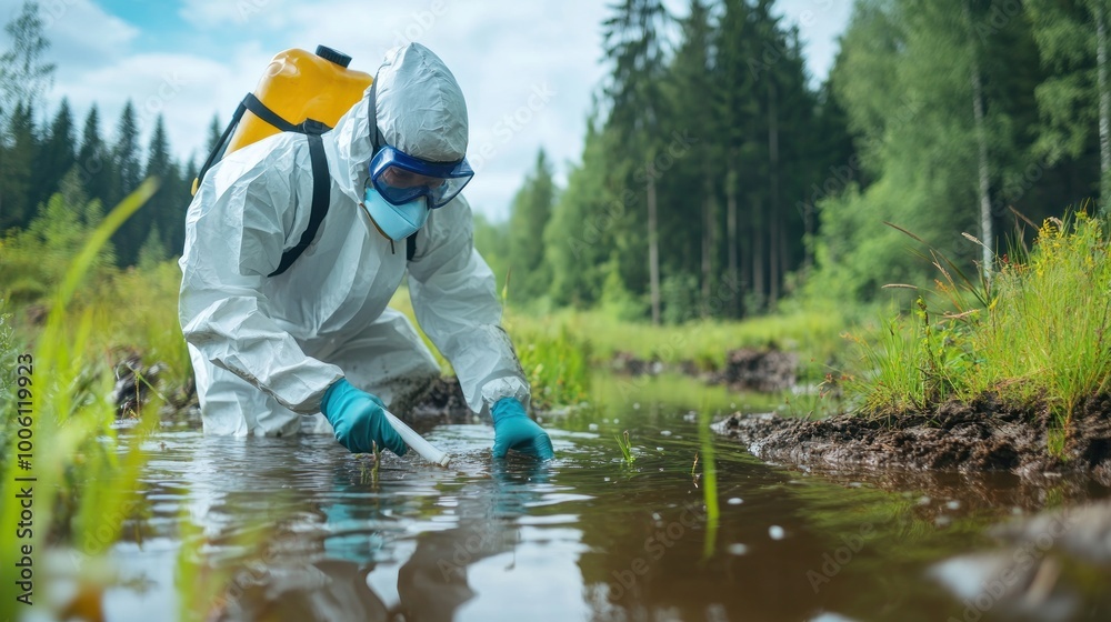 Scientist in a full PPE suit conducting water quality testing in a swamp. Scientist in a full PPE suit conducting water quality testing in a swamp.