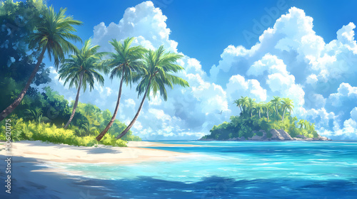 Tropical Escape in Anime Style, serene islands, white sandy beaches, crystal-clear waters, swaying palm trees, tranquil ocean waves, vibrant blue sky