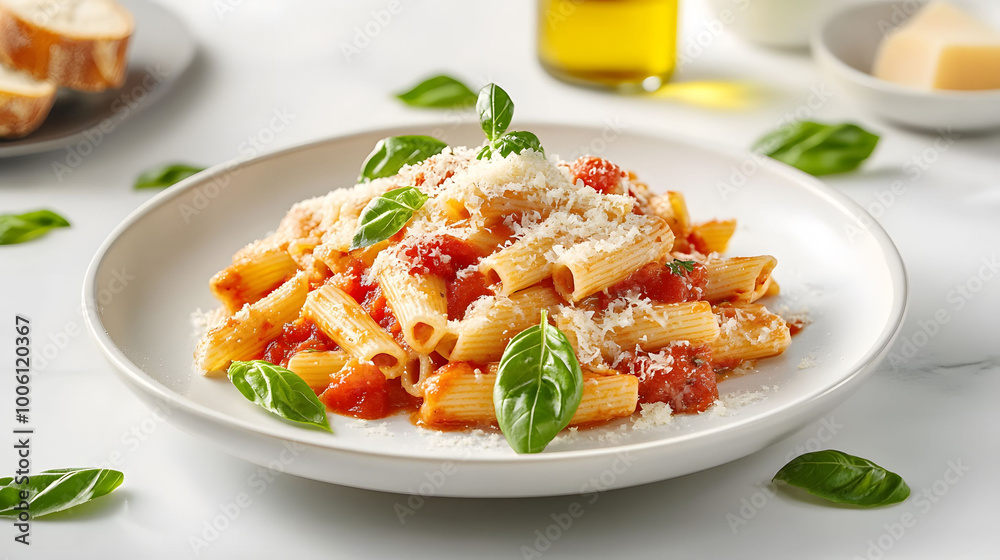 Gourmet Pasta Delight, vibrant gourmet pasta with rich tomato sauce, parmesan, basil, minimalist background, charming rustic presentation. Gourmet Pasta Delight, vibrant gourmet pasta with rich tomato sauce, parmesan, basil, minimalist background, charming rustic presentation.