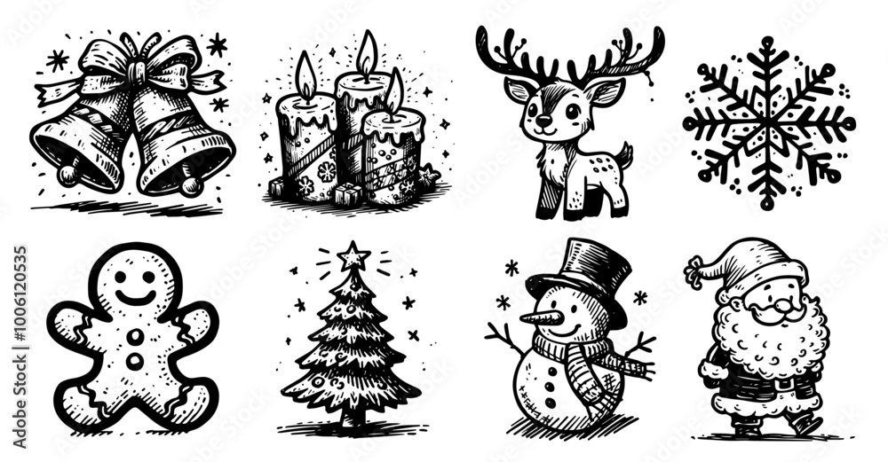 Naklejka premium hand-drawn christmas set with tree, snowman, santa, and reindeer black vector