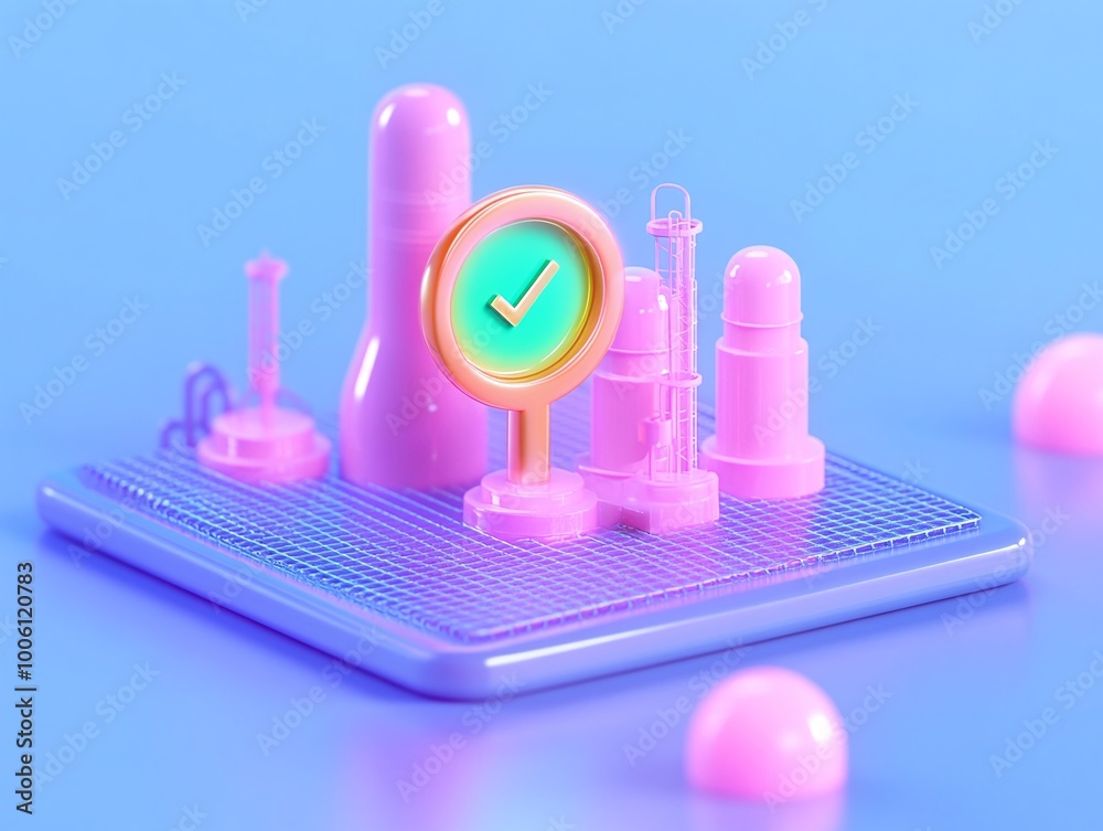 Colorful abstract representation of success and innovation with a checkmark and modern shapes.