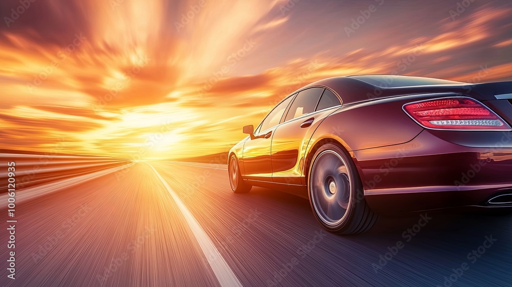 A sleek car drives along a road at sunset, capturing a sense of freedom and adventure. A sleek car drives along a road at sunset, capturing a sense of freedom and adventure.