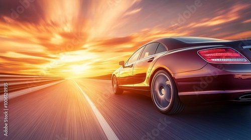 A sleek car drives along a road at sunset, capturing a sense of freedom and adventure.