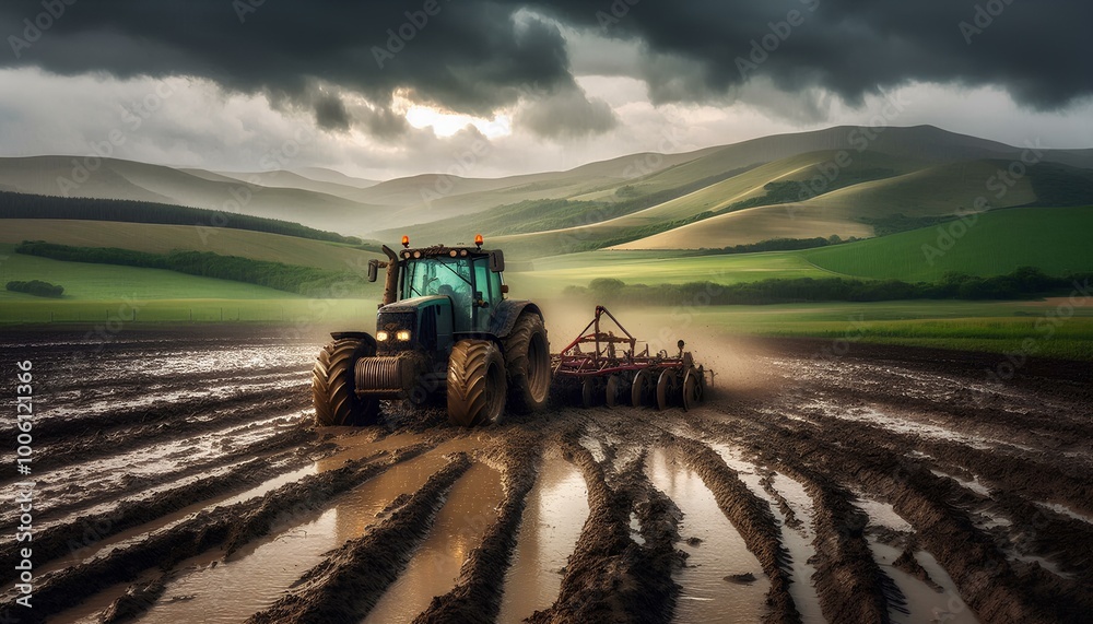 Fototapeta premium Muddy Tractor in Action Plowing Through Wet Fields