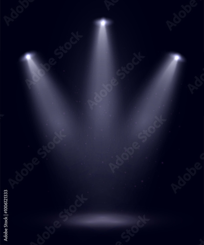 Light sources, concert lighting, stage spotlights. Spotlight beam with the effect of bright flickering light. Vector