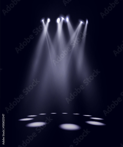 Light sources, concert lighting, stage spotlights. Spotlight beam with the effect of bright flickering light. Vector