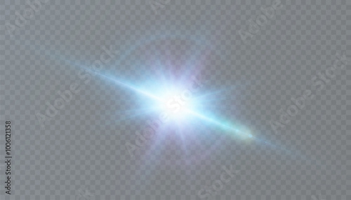 Bright blue light effect. Bright lens flare. Blue glow effect. Starry flares with shimmering highlights. Beautiful shimmering lens flare light effect. Vector 10 EPS	
