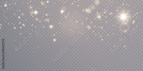 Light abstract glowing bokeh highlights. Light bokeh effect isolated on transparent background. The Christmas background shines from the dust. Christmas concept for design and illustrations.	