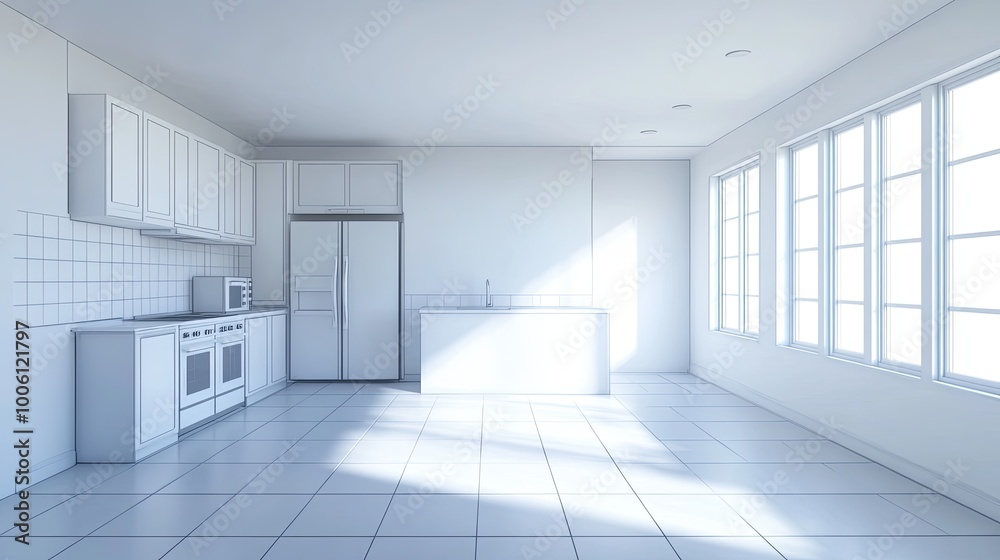 A bright, modern kitchen featuring sleek cabinets, appliances, and large windows for natural light.