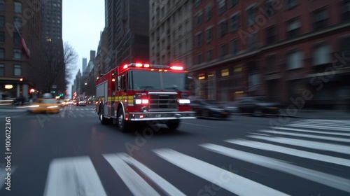 A red fire truck rushing through a city intersection with flashing lights, showcasing emergency response in urban landscapes.