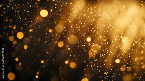 Golden droplets cascade from a vibrant sky, creating a magical atmosphere filled with shimmering light and wonder.