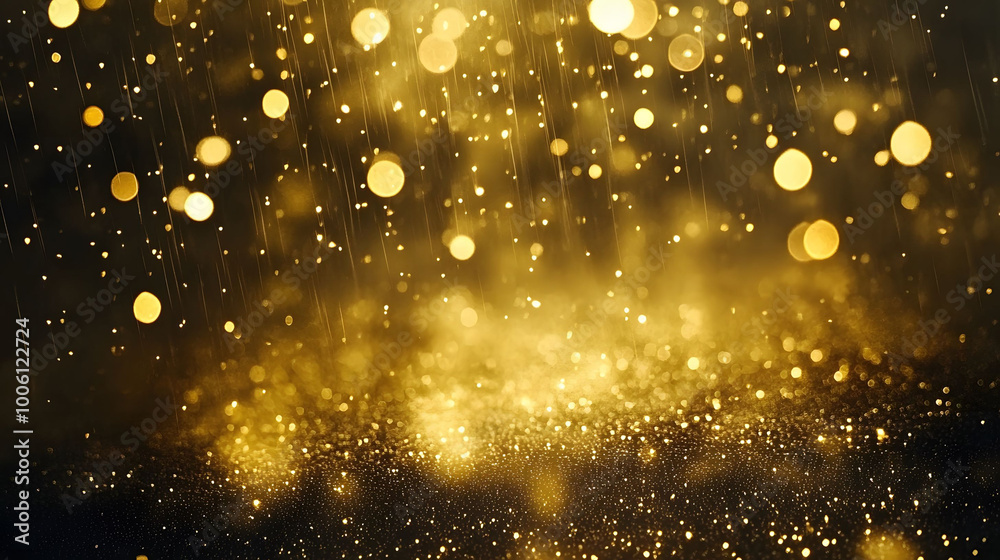 Golden droplets cascade from a vibrant sky, illuminating the landscape with a warm, shimmering glow, creating a scene of ethereal beauty. Golden droplets cascade from a vibrant sky, illuminating the landscape with a warm, shimmering glow, creating a scene of ethereal beauty.