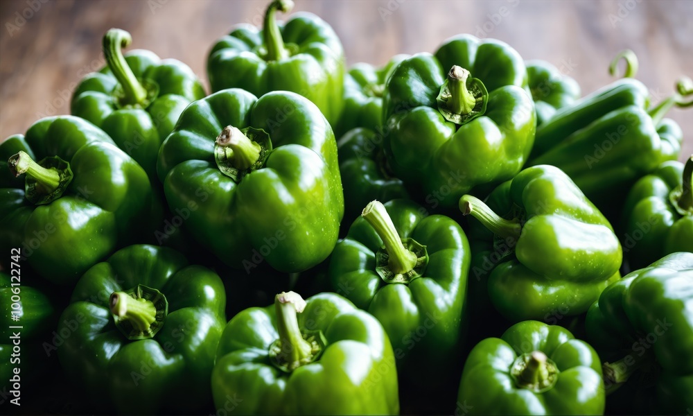 Green bell peppers close-up on wooden surface Green bell peppers close-up on wooden surface